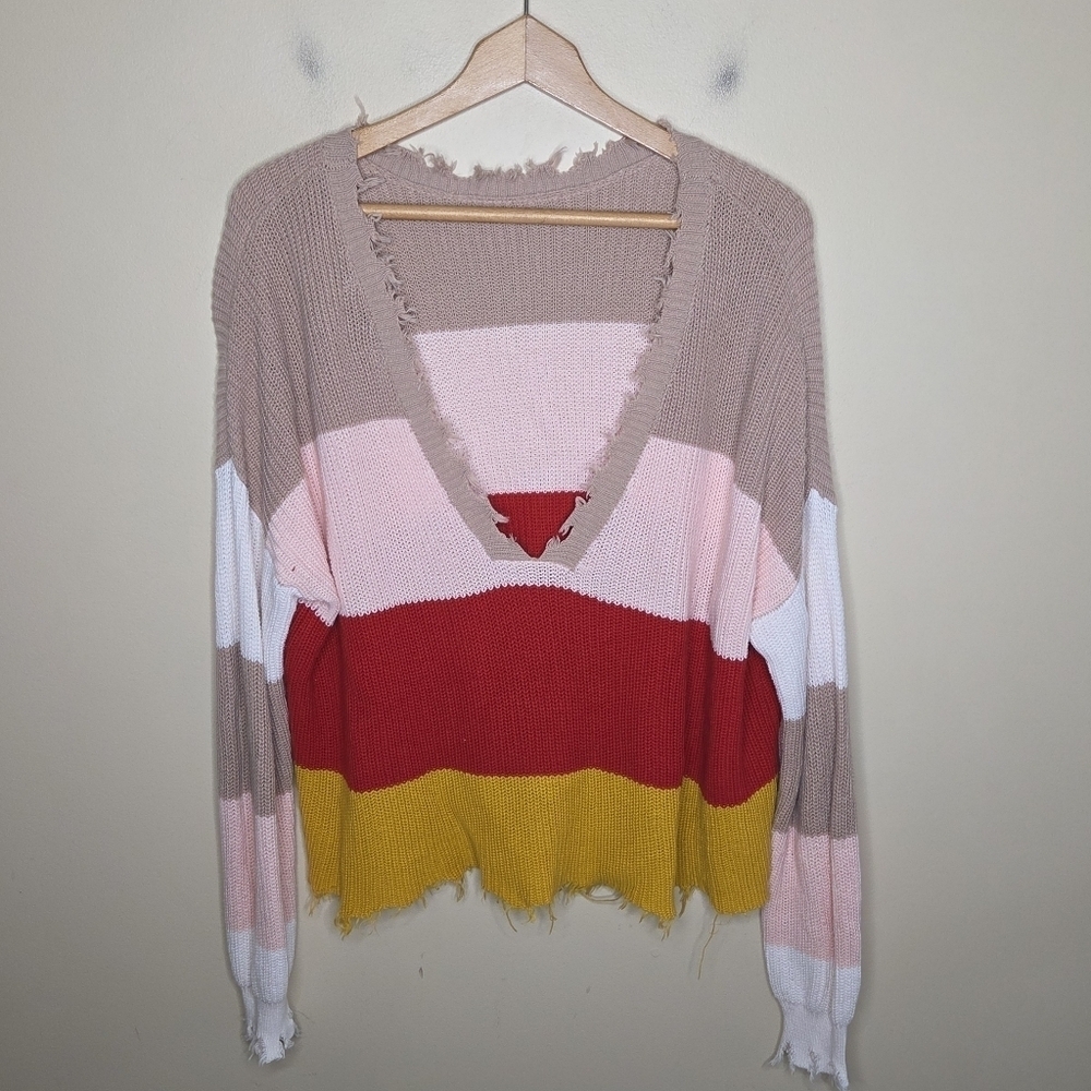 Fate | Colorblock Deep V-neck Sweater with Distressed Edges Red Mustard Pink